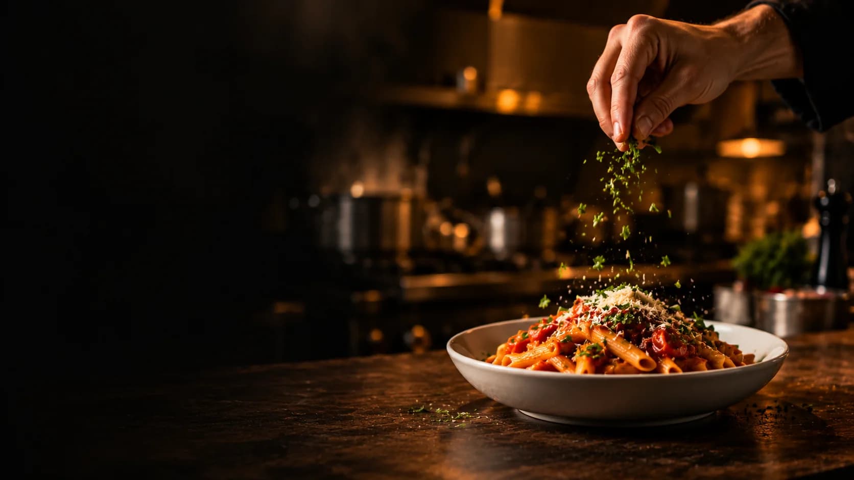 Cocinero terminando un plato de pasta con perejil fresco