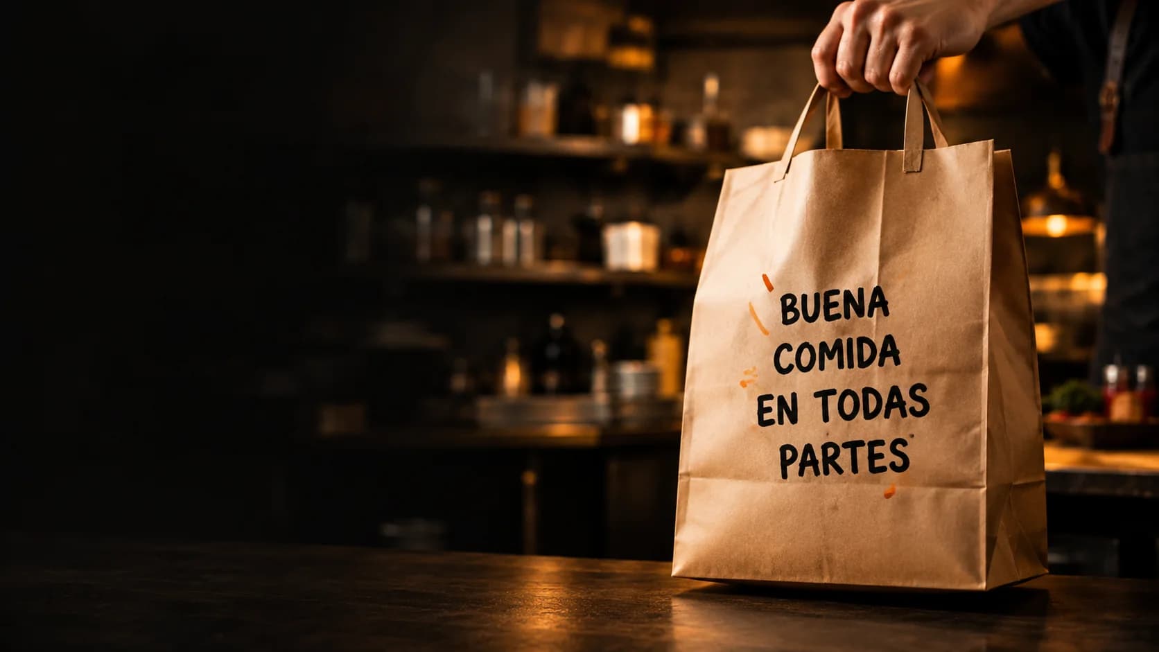 Mano sosteniendo una bolsa de papel para llevar que dice “Buena comida en todas partes”