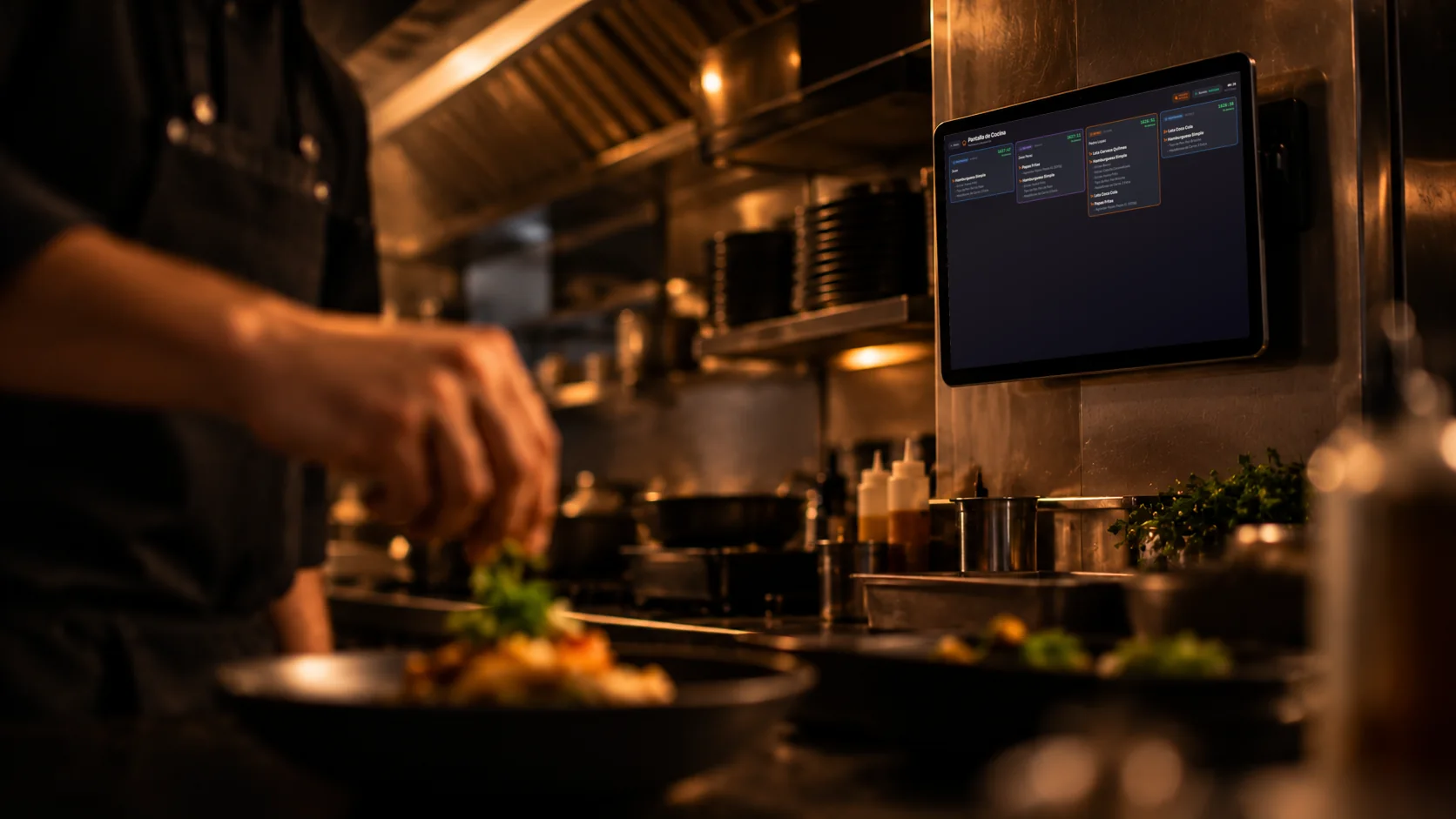 Cocinero emplatando frente a una tablet en la pared con la Pantalla de Cocina de PIDOX