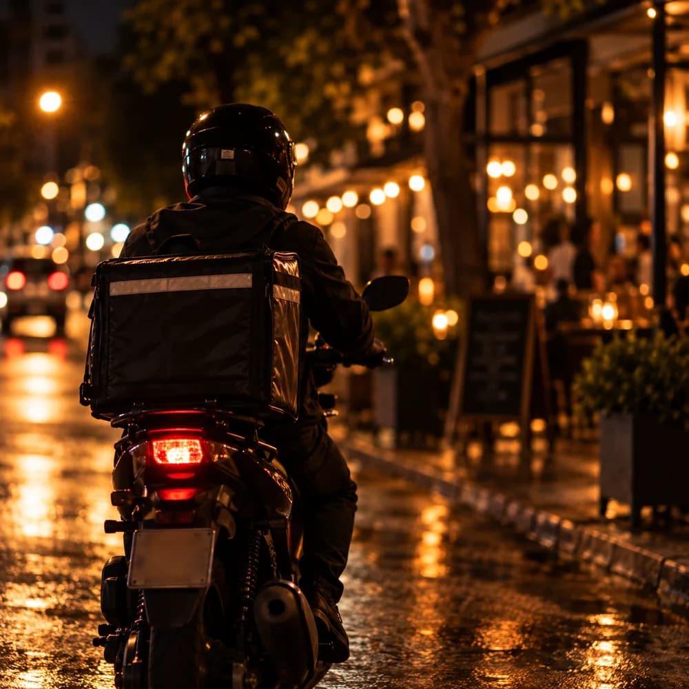 Repartidor en moto con caja térmica, de noche, en una calle con restaurantes