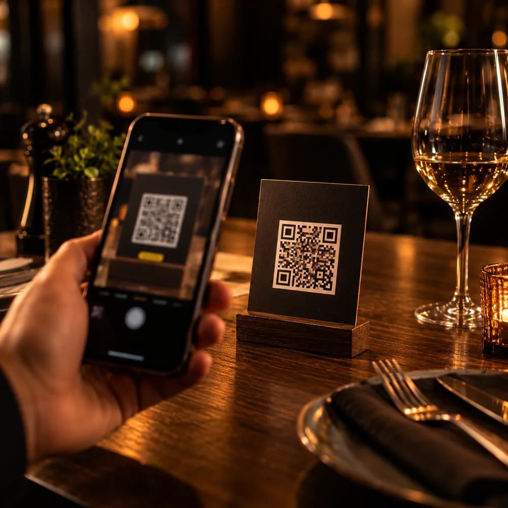 Cliente escaneando con el celular el código QR del menú en la mesa de un restaurante
