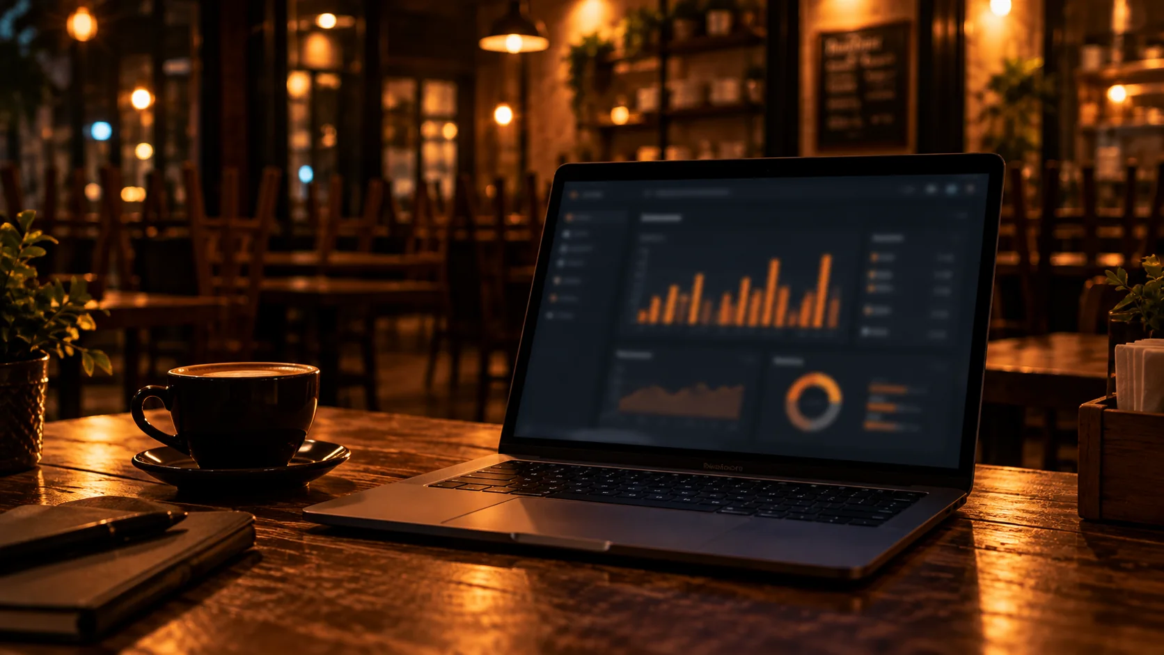Notebook sobre la mesa de un restaurante cerrado mostrando gráficos de ventas, con una taza de café al lado