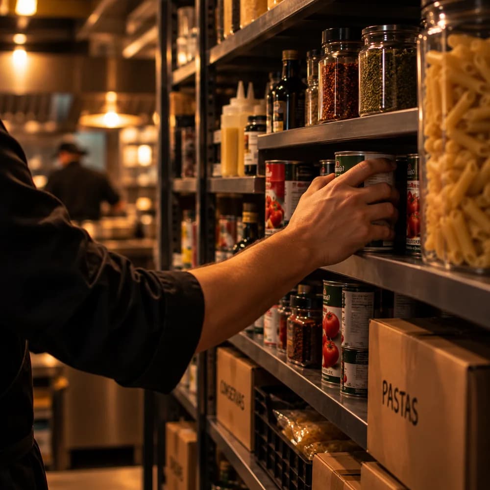 Mano tomando una lata de los estantes de la despensa de un restaurante
