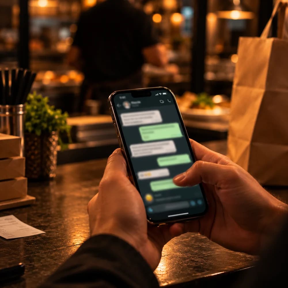 Manos sosteniendo un celular con un chat de WhatsApp en el mostrador de un local de comidas
