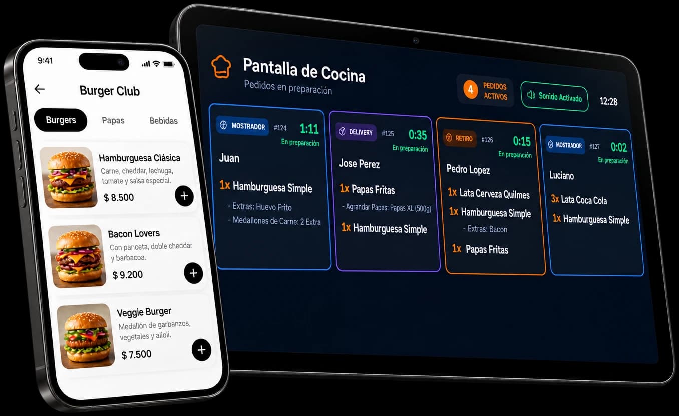 PIDOX en el celular, con el menú de Burger Club, y en una tablet, con la Pantalla de Cocina mostrando los pedidos en preparación